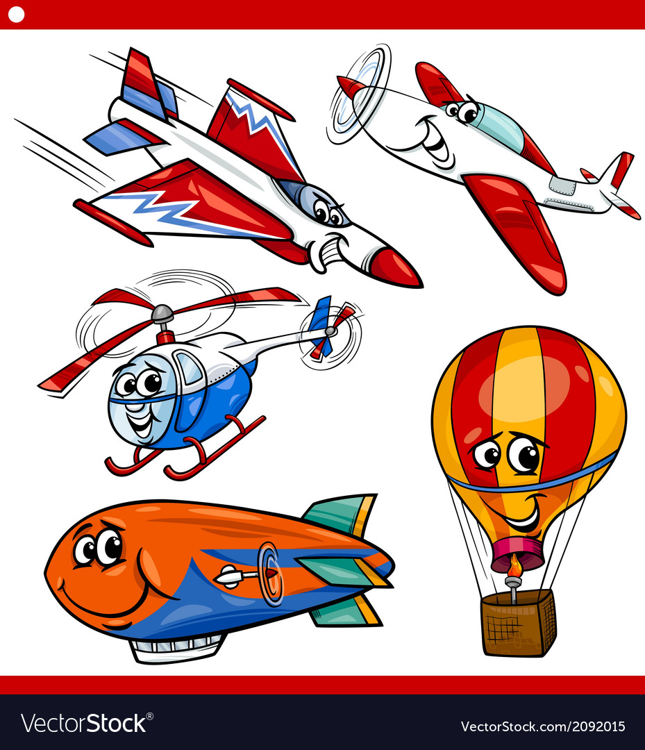 Funny cartoon aircraft vehicles set Royalty Free Vector