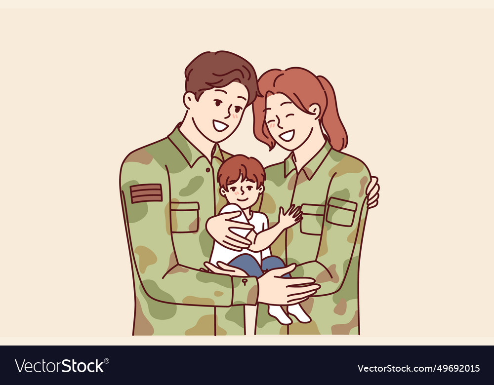 Man and woman in soldiers uniform are hugging Vector Image