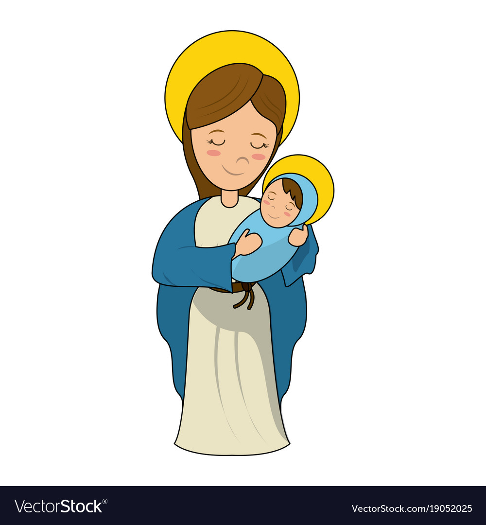 Virgin mary holding baby jesus cartoon Royalty Free Vector