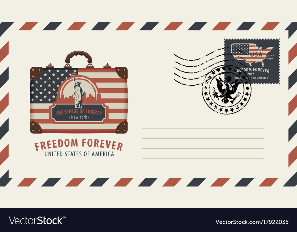 Envelope with suitcase statue of liberty and flag Vector Image