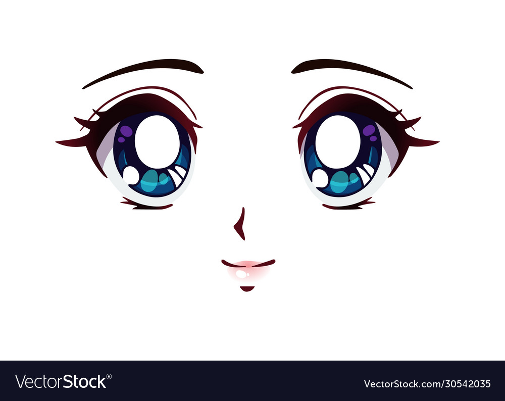 Happy Anime Style Big Blue Eyes Hand Drawn Vector Illustration