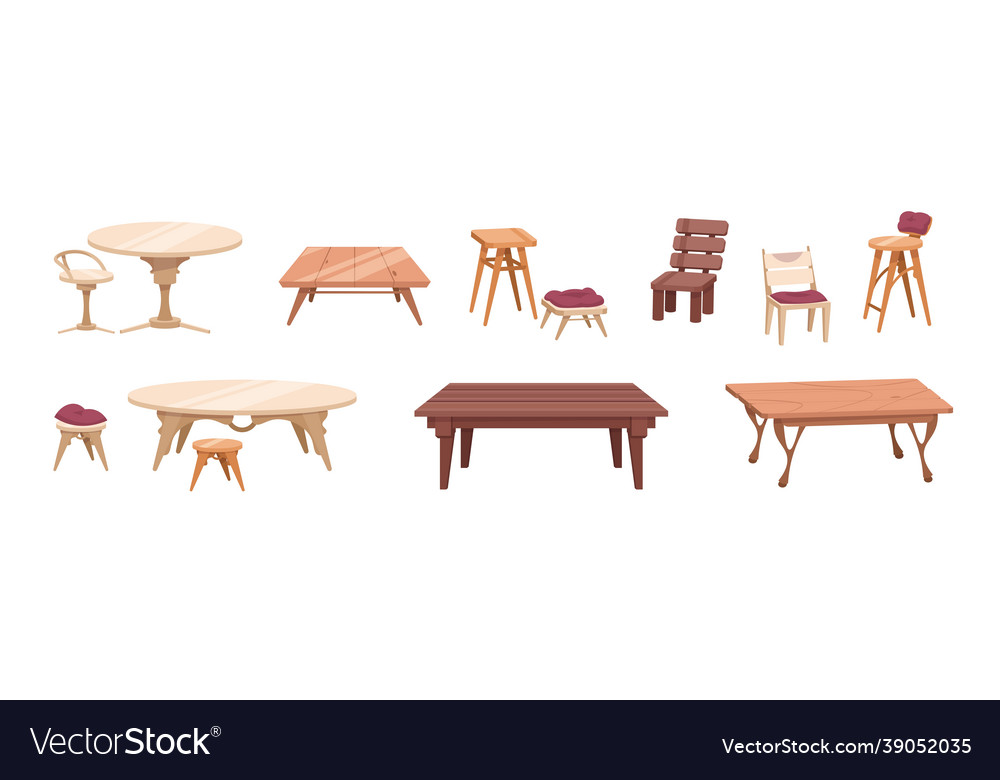 Wooden furniture cartoon tables and chairs vector image Wooden furniture cartoon tables and chairs