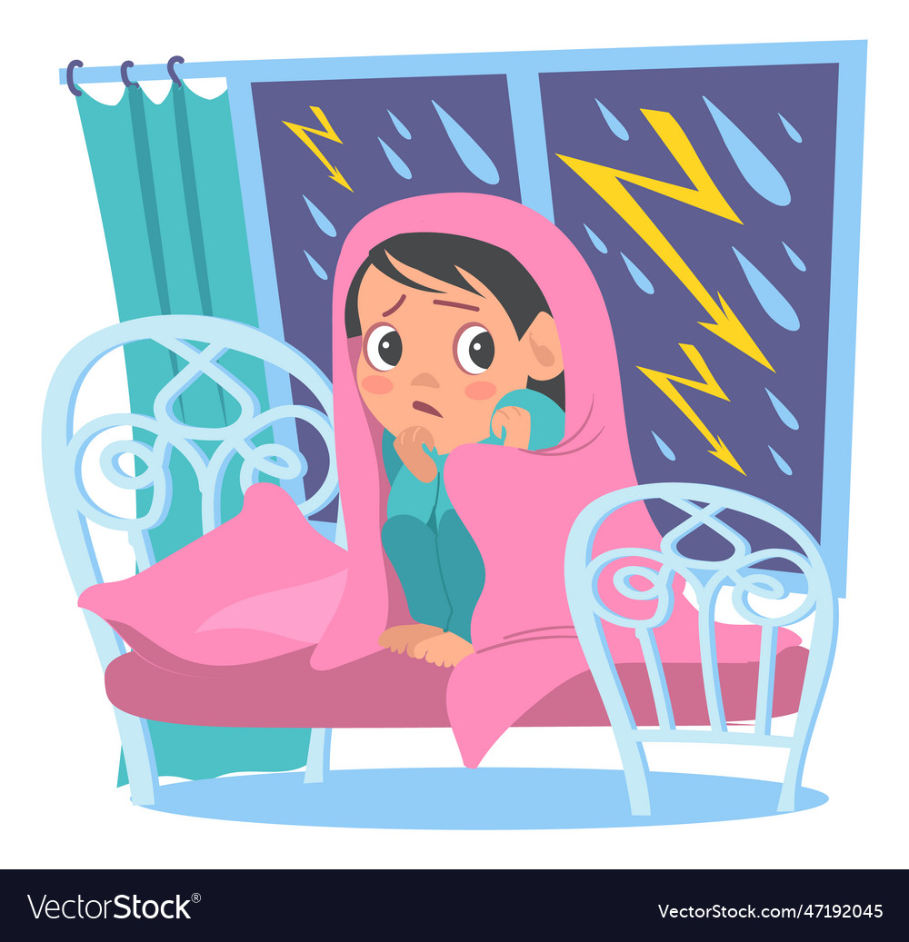 Kids Fear Frightened Boy Afraid Of Thunderstorm Vector Image