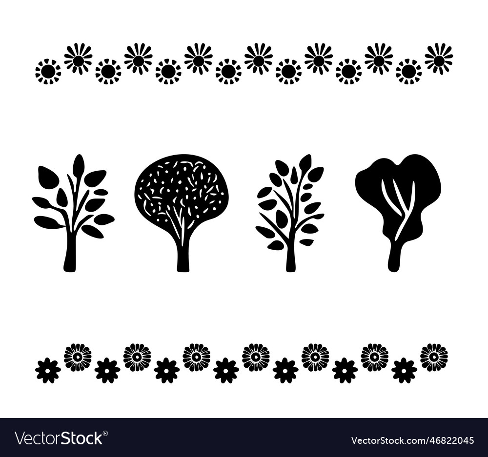 Linocut tree design elements in scandi Royalty Free Vector