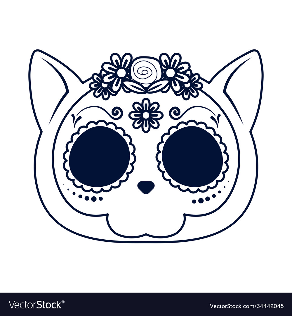 Traditional Mexican Cat Skull Head Line Style Icon