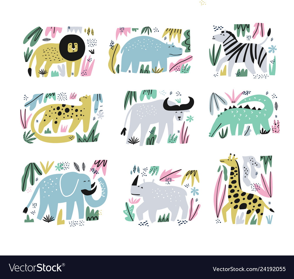 African animals hand drawn flat set