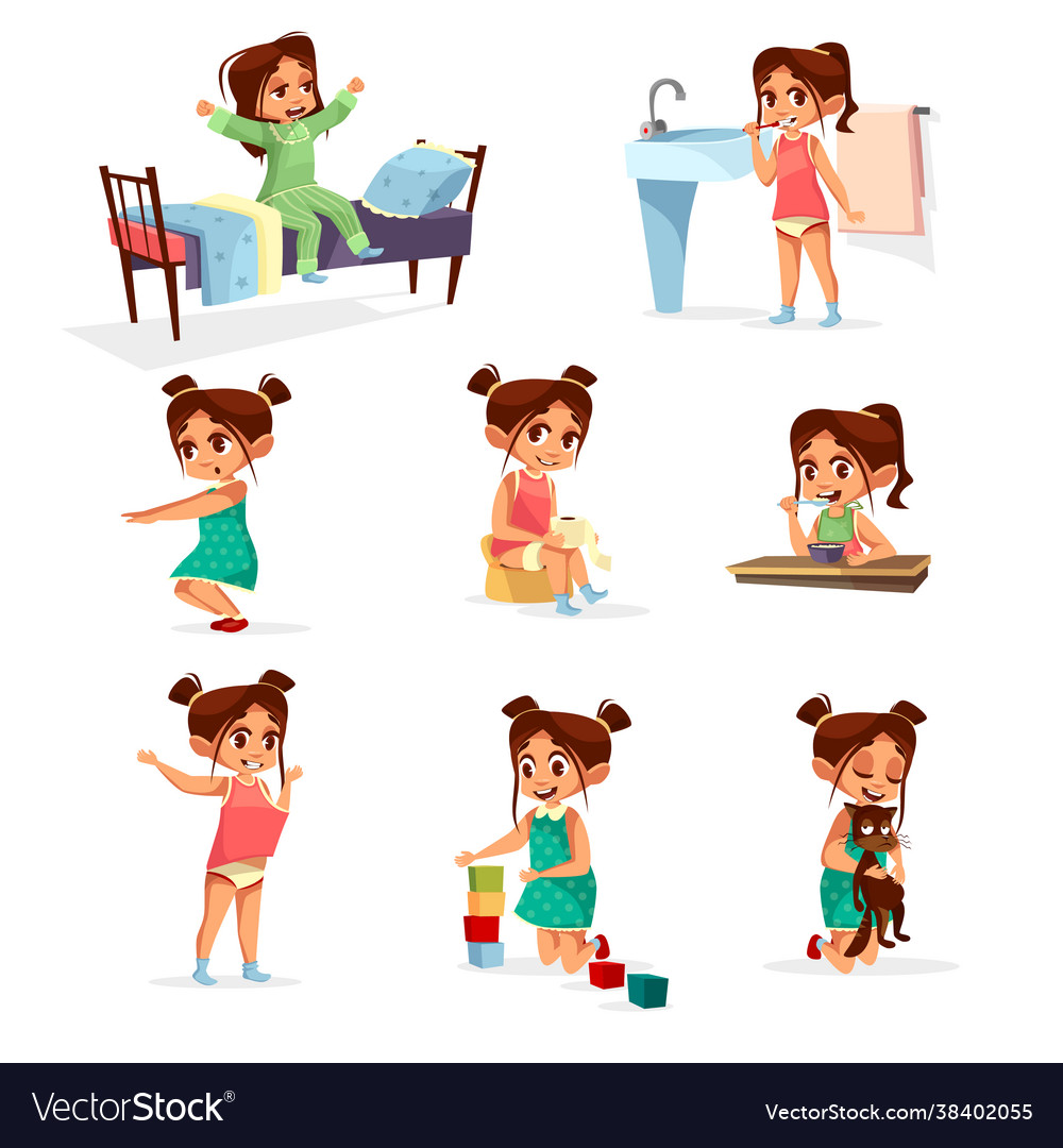 Cartoon girl daily routine activity set Royalty Free Vector