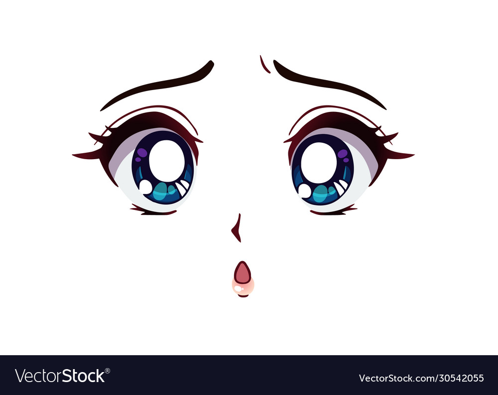 Sad anime face manga style big blue eyes