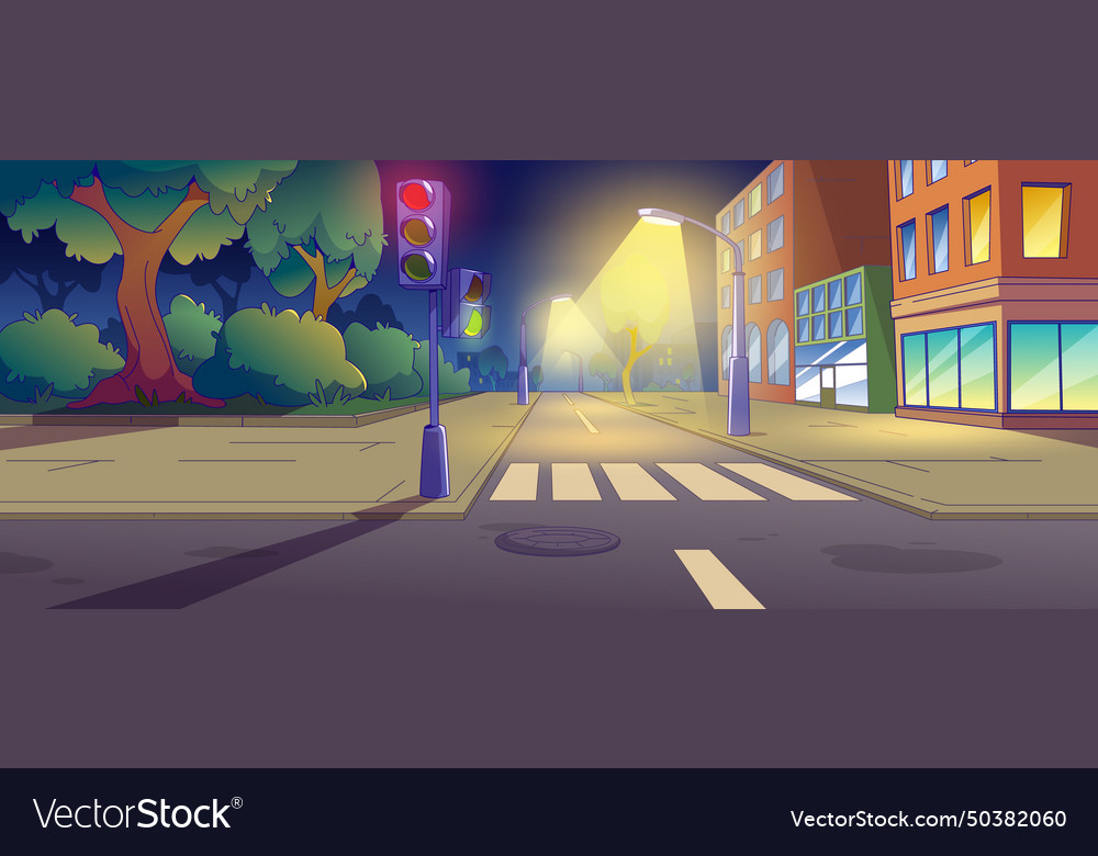 Night city street with road crossing and park Vector Image