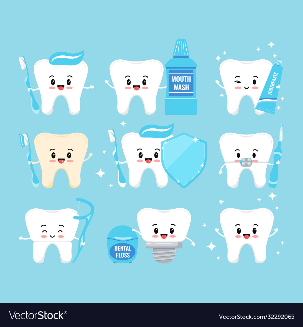 Cute teeth with oral hygiene products icons set Vector Image