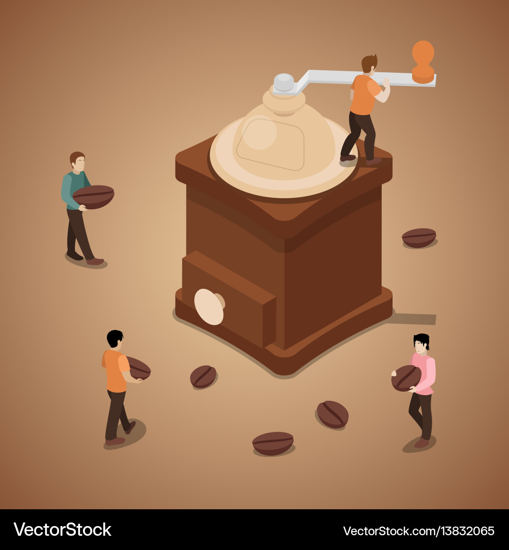 Miniature people grinding coffee beans in machine Vector Image
