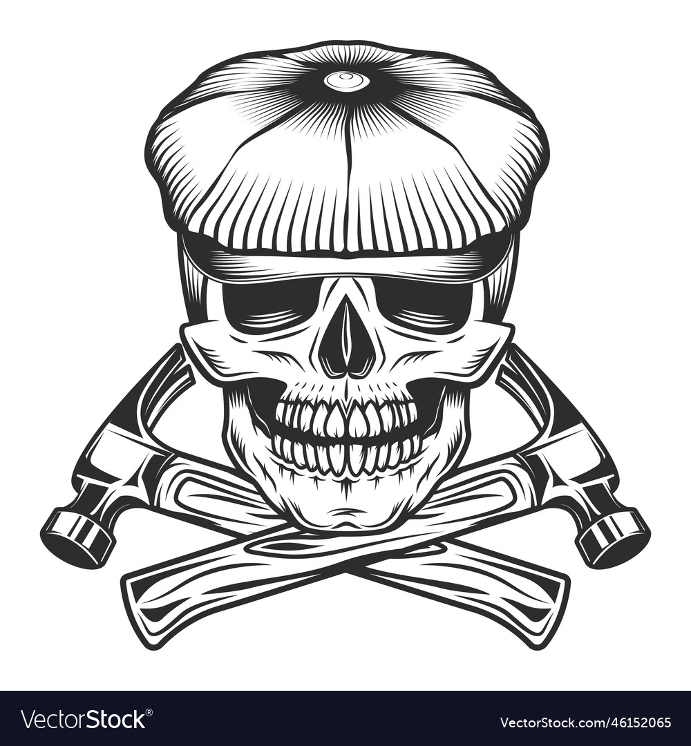 Skull In The Tweed Hat Flat Cap With Hammer Vector Image