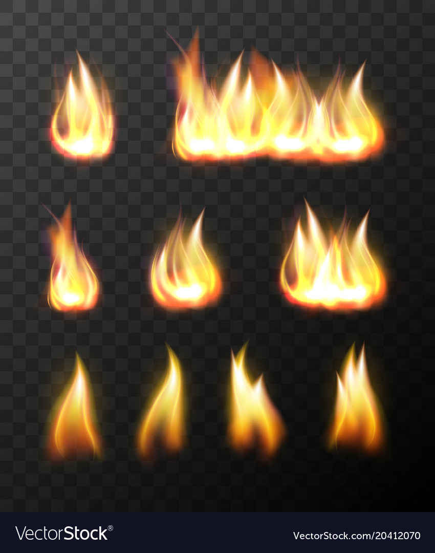 Realistic fire flames transparent set Royalty Free Vector