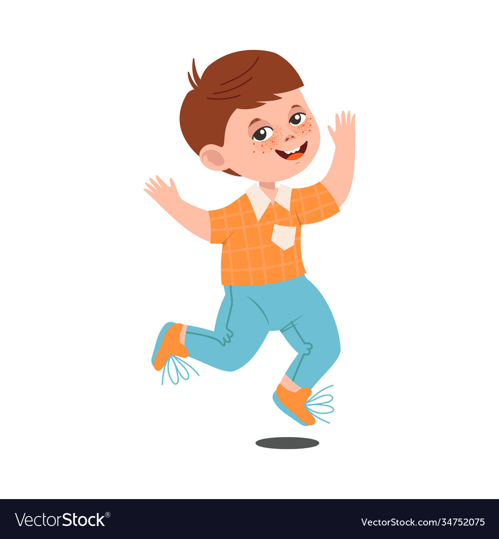 Funny boy with freckles wearing jeans jumping Vector Image