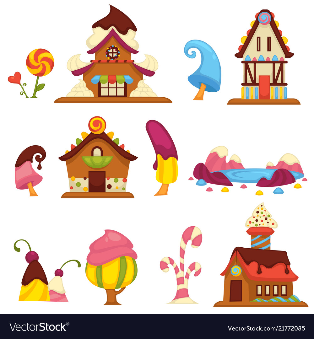 Sweet candy houses and trees cartoon icons Vector Image