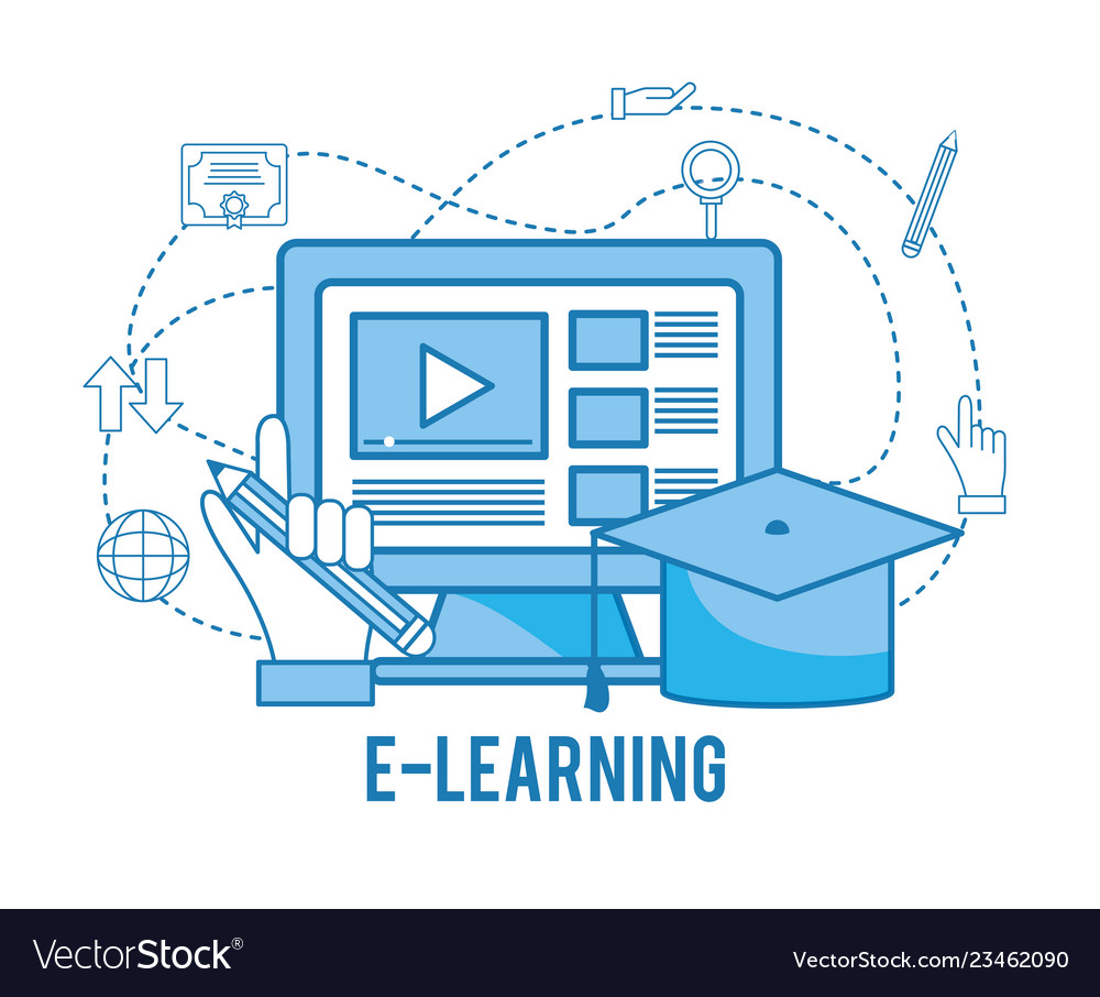 Computer online study with graduation cap Vector Image