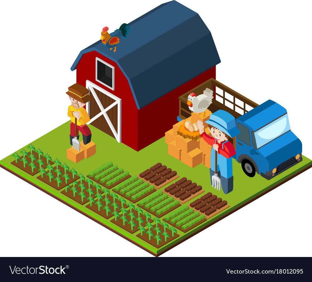 3d design for farm scene with farmer and barn Vector Image