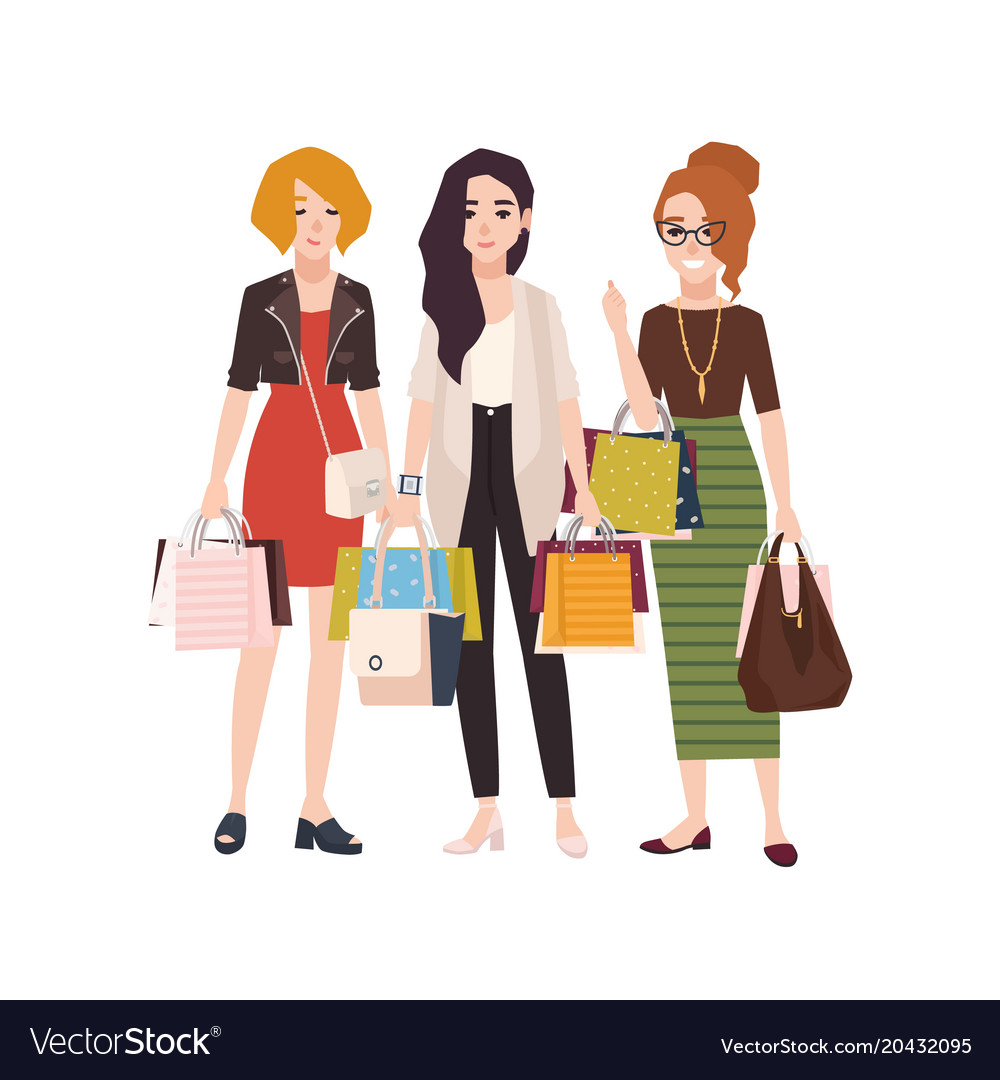 Group of young happy woman holding shopping bags Vector Image