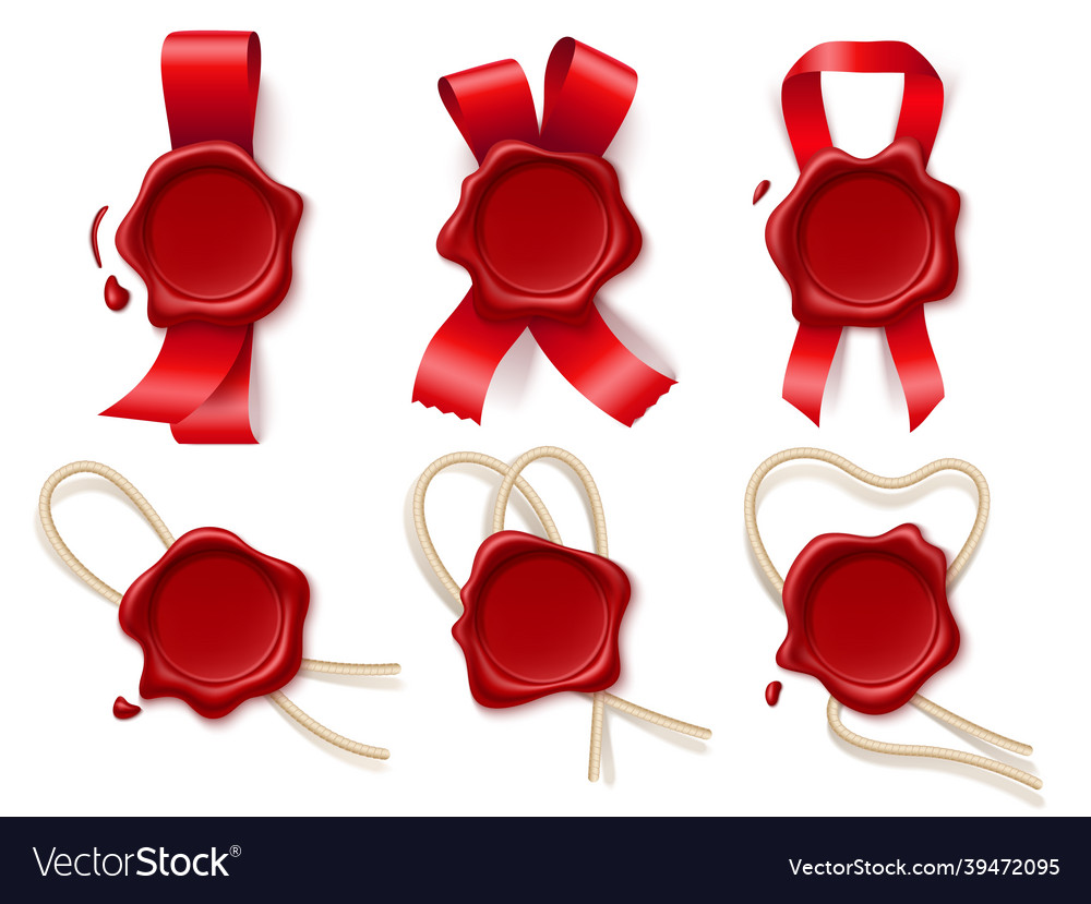 Wax seal with ribbons realistic red round Vector Image