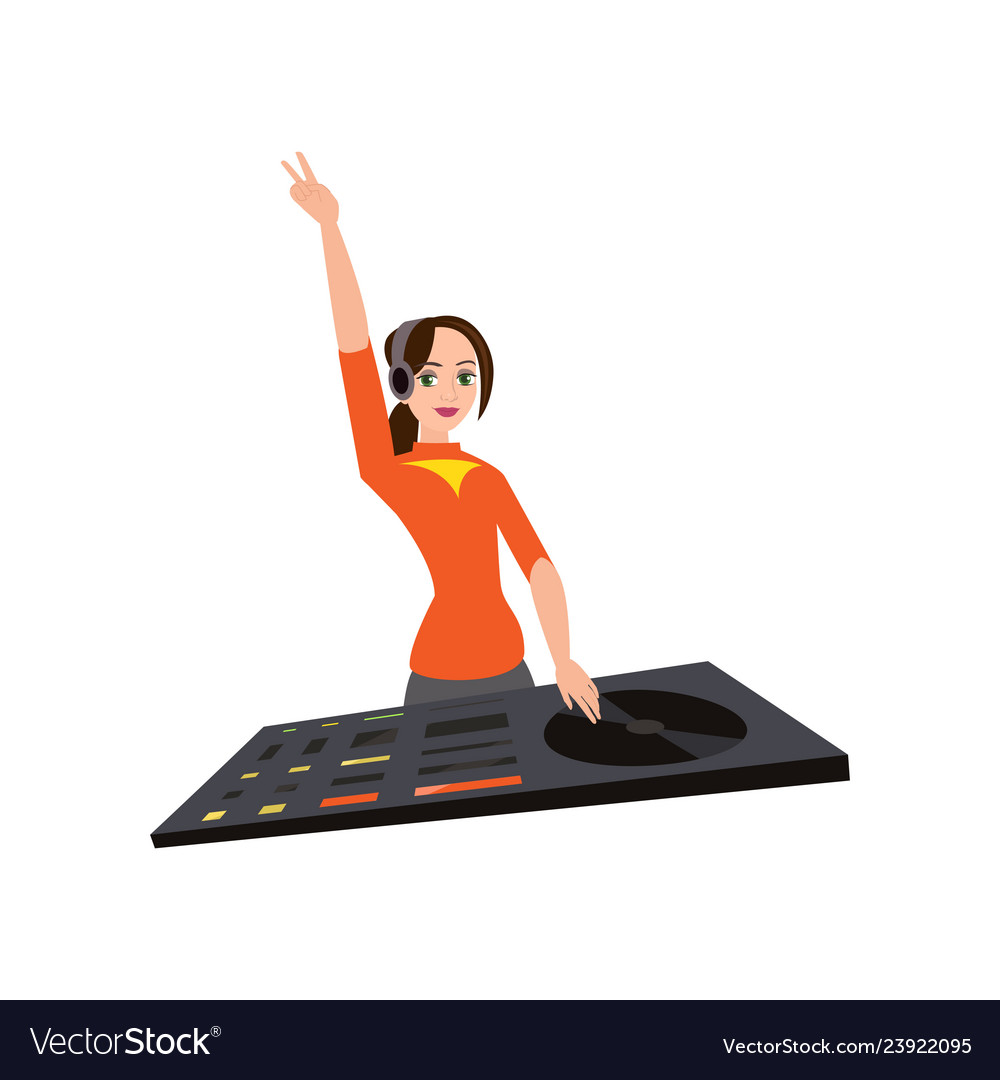 Young female dj in headphones with one hand up Vector Image