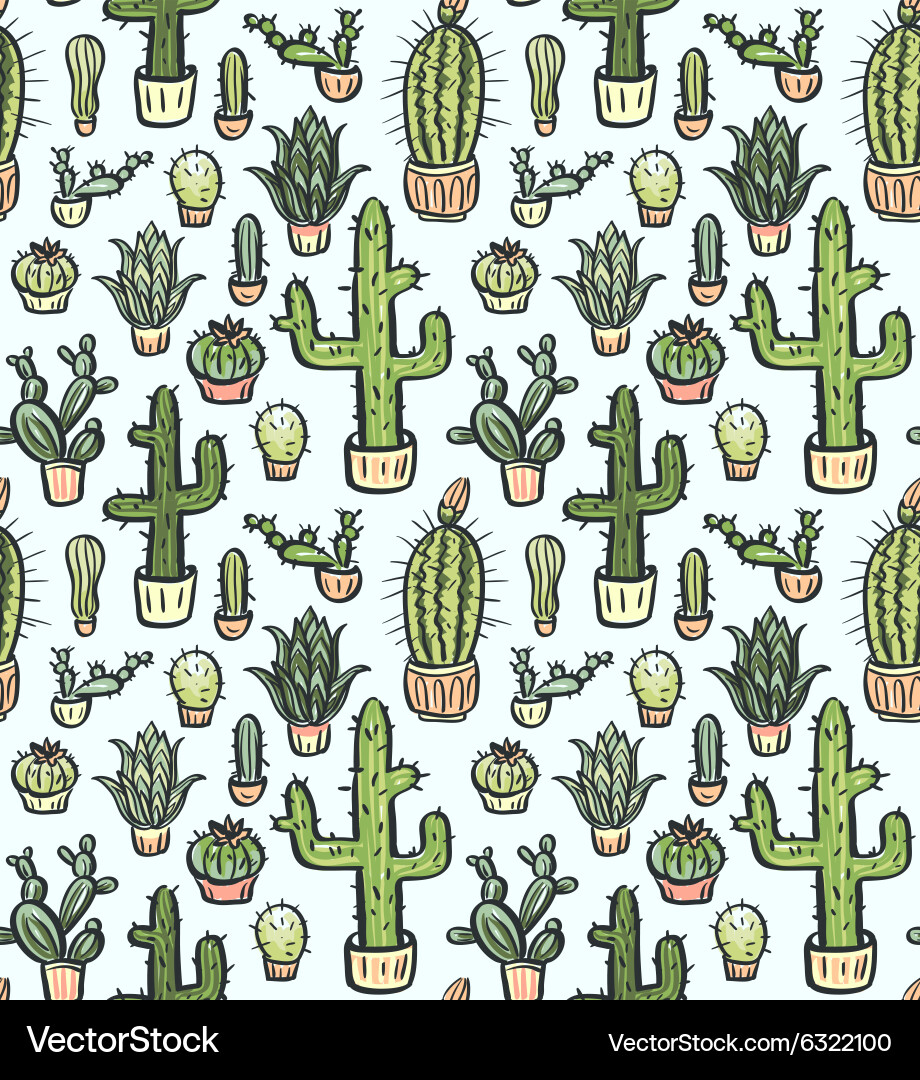 Cactus hand-drawn seamless pattern Royalty Free Vector Image