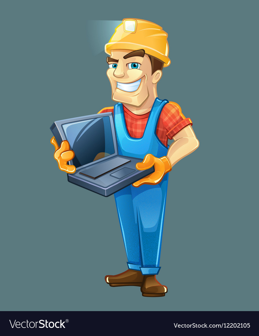 Builder with laptop helmet isolated on dark Vector Image