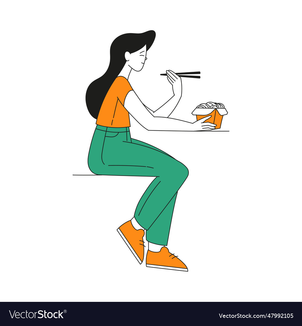 Woman character eating chinese noodles Royalty Free Vector