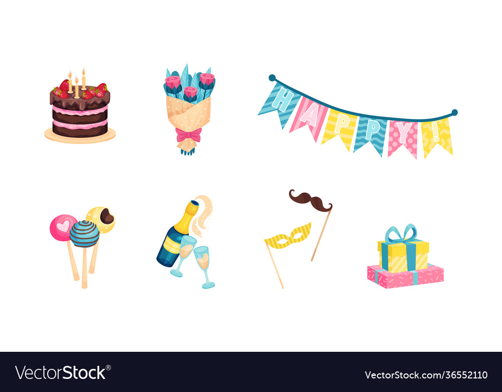 Birthday party attributes and symbols with cake Vector Image