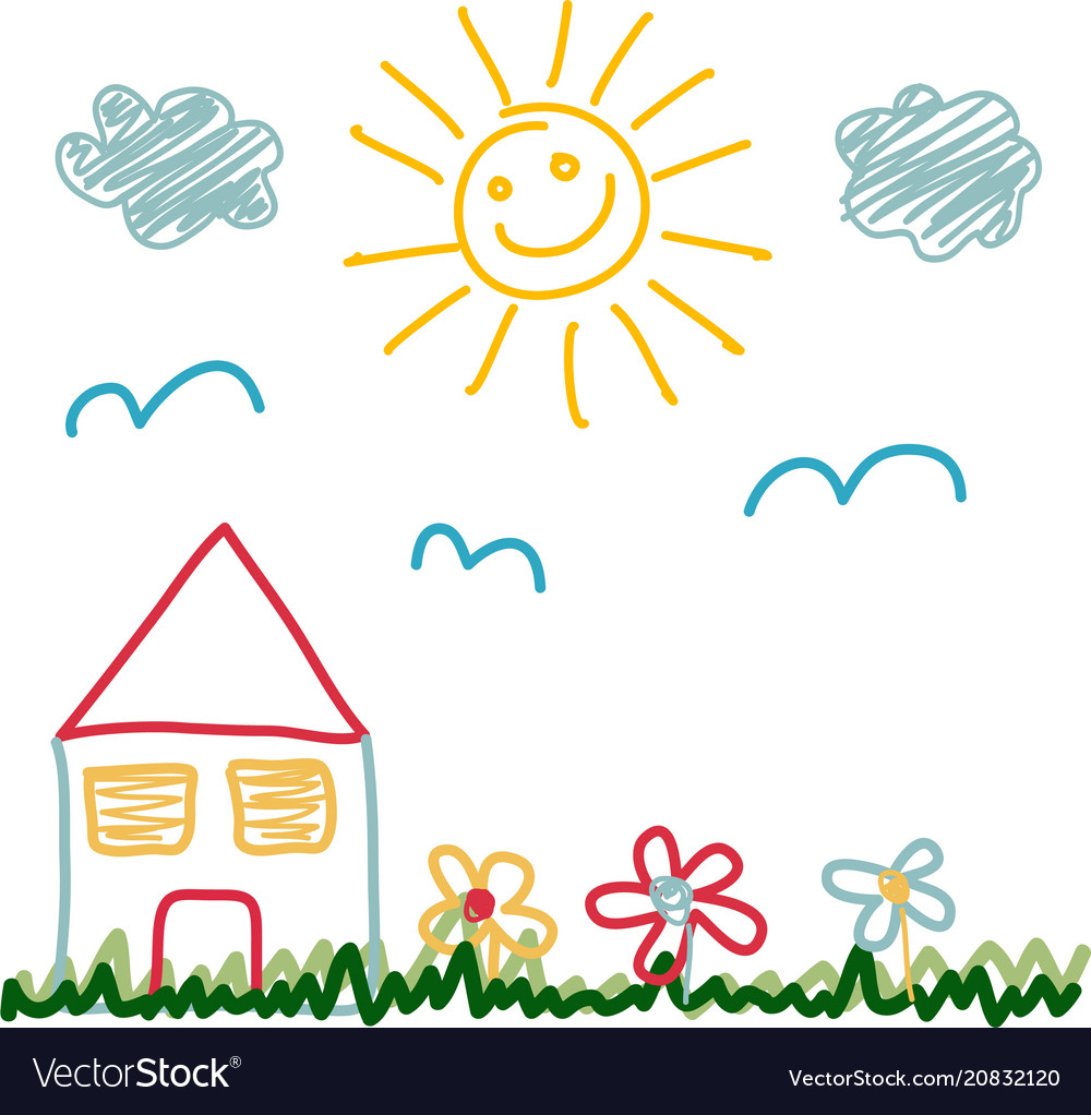 Kid drawing with house . Vector illustration in child style. Coloring book.  Stock Vector | Adobe Stock