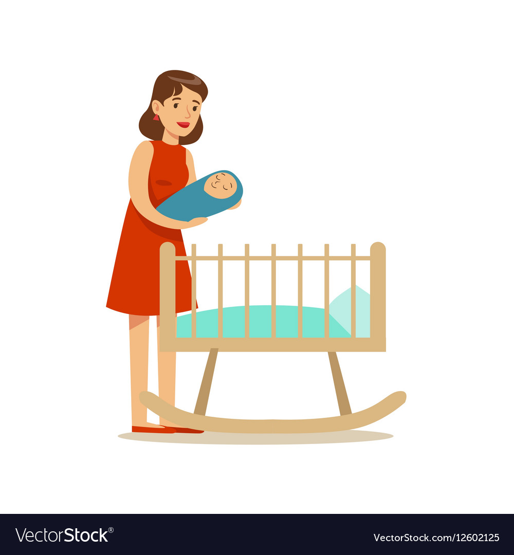 young-mom-putting-newborn-baby-to-bed-happy-vector-image