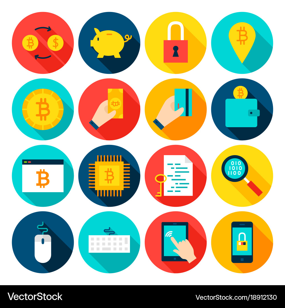 Bitcoin cryptocurrency flat icons Royalty Free Vector Image