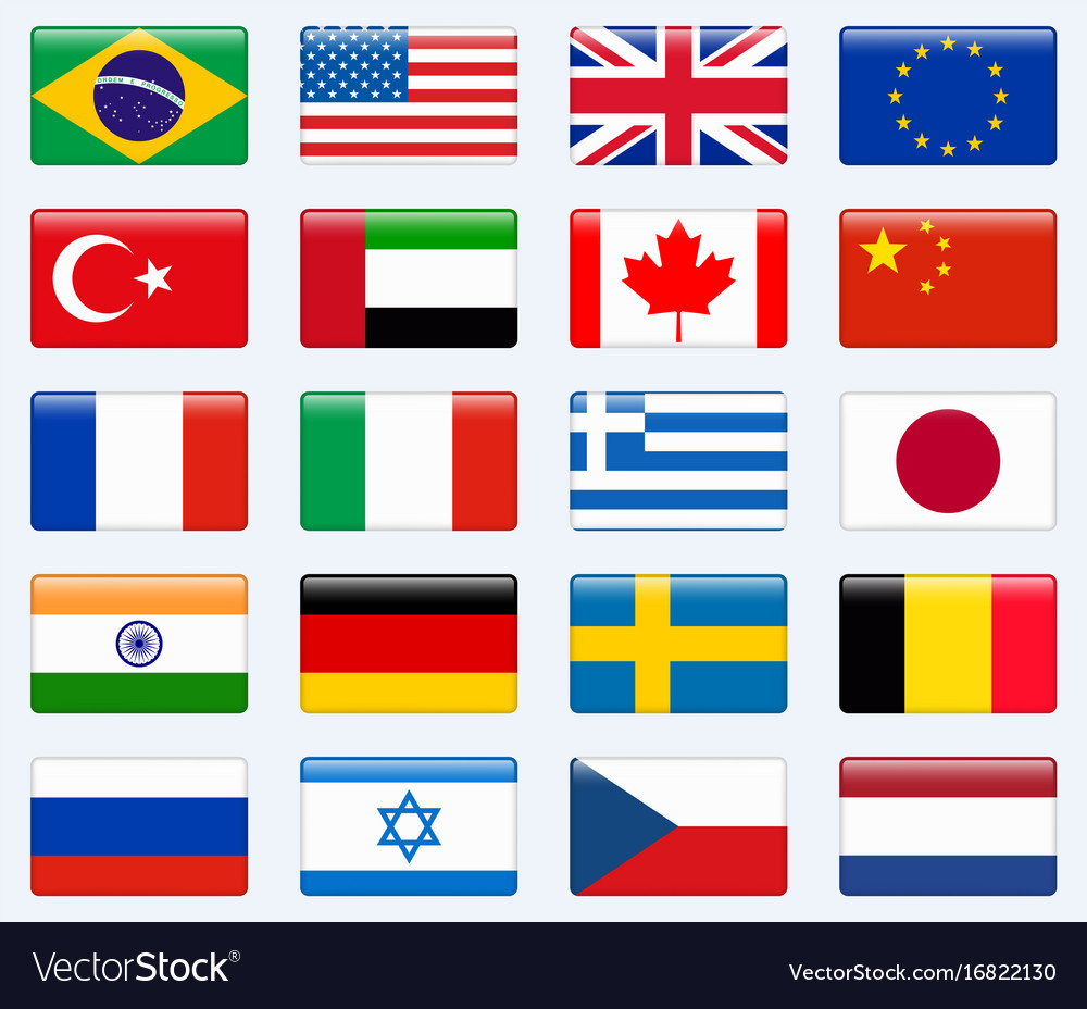 Download Set of popular country flags glossy rectangle Vector Image