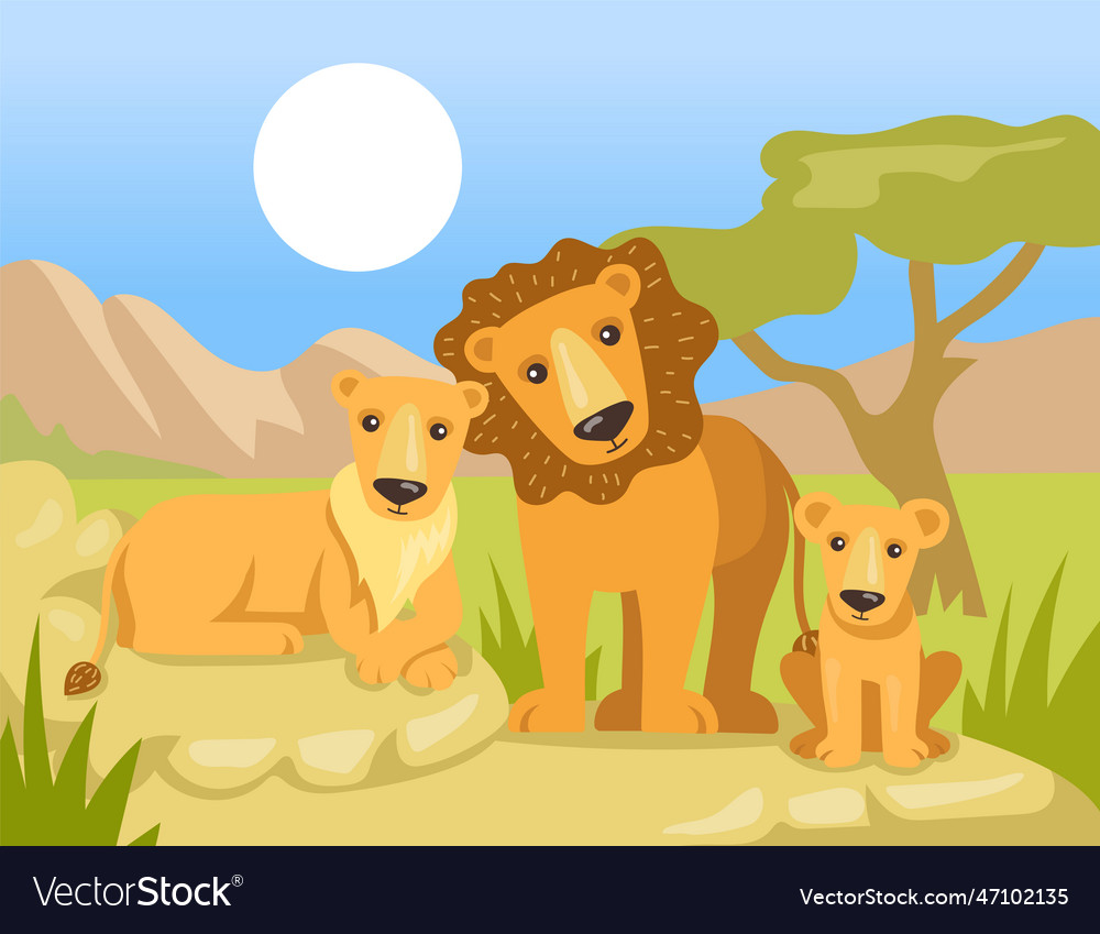 Cartoon lion family under african sun flat Vector Image