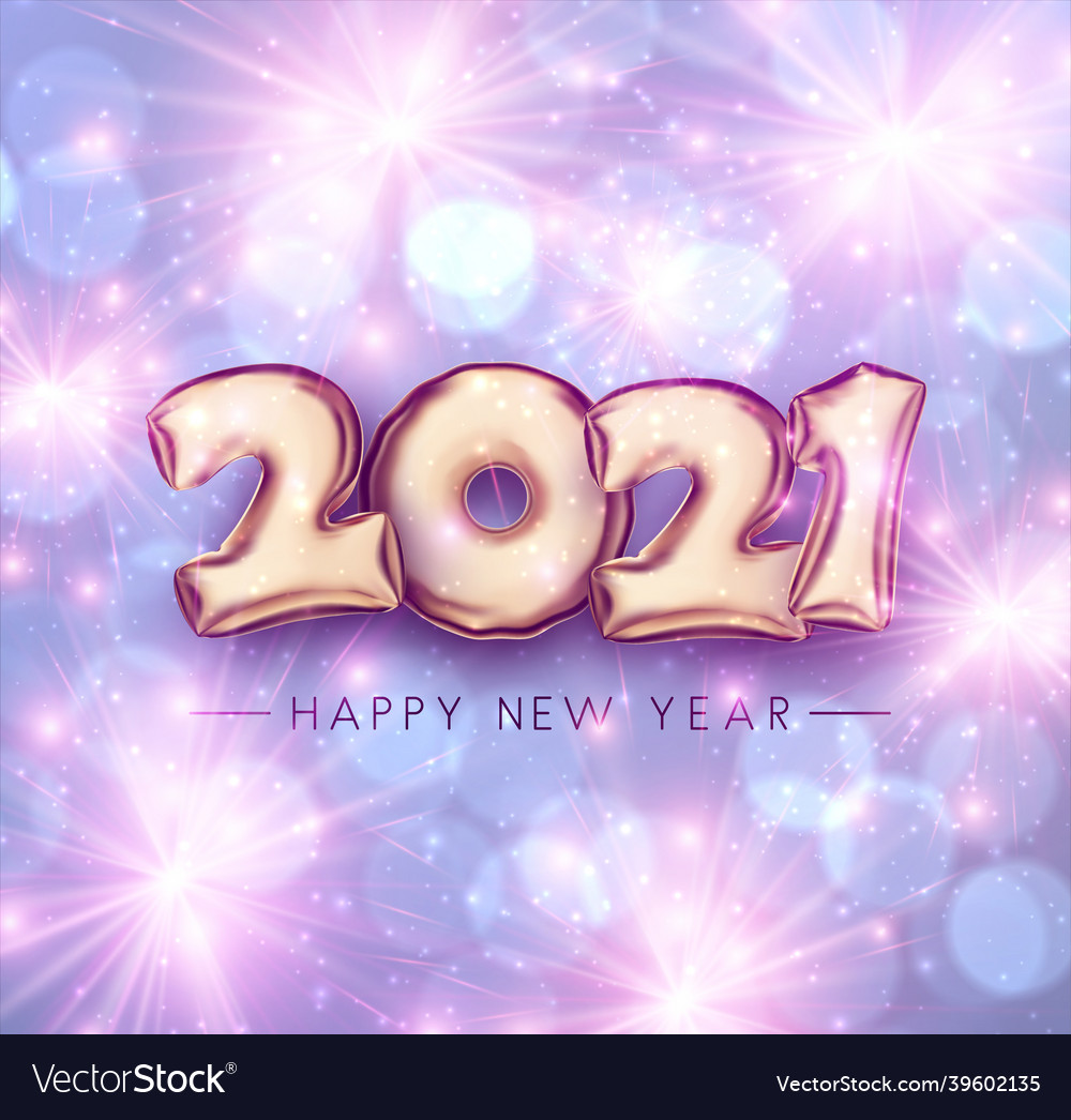 Golden foil balloon 2021 sign on violet background