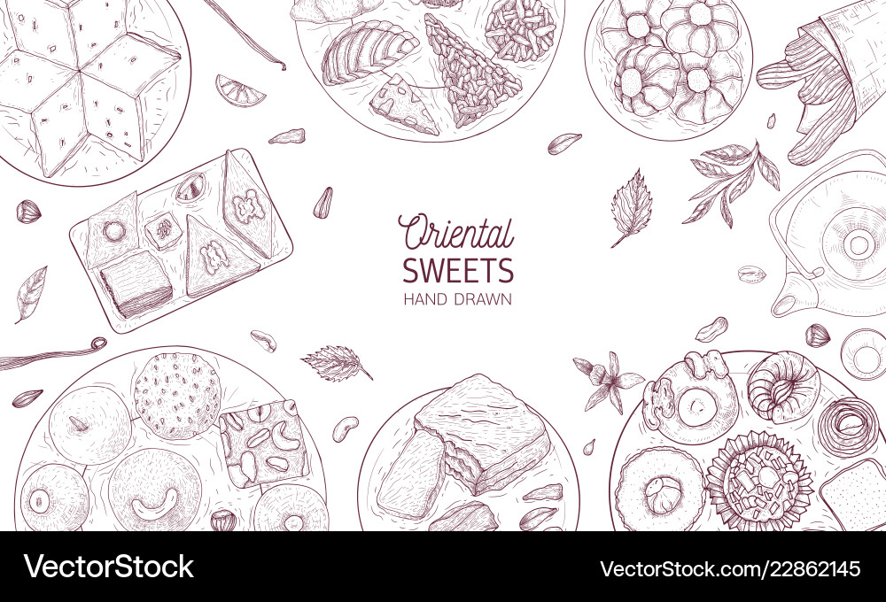 Monochrome Banner Template With Oriental Sweets Vector Image