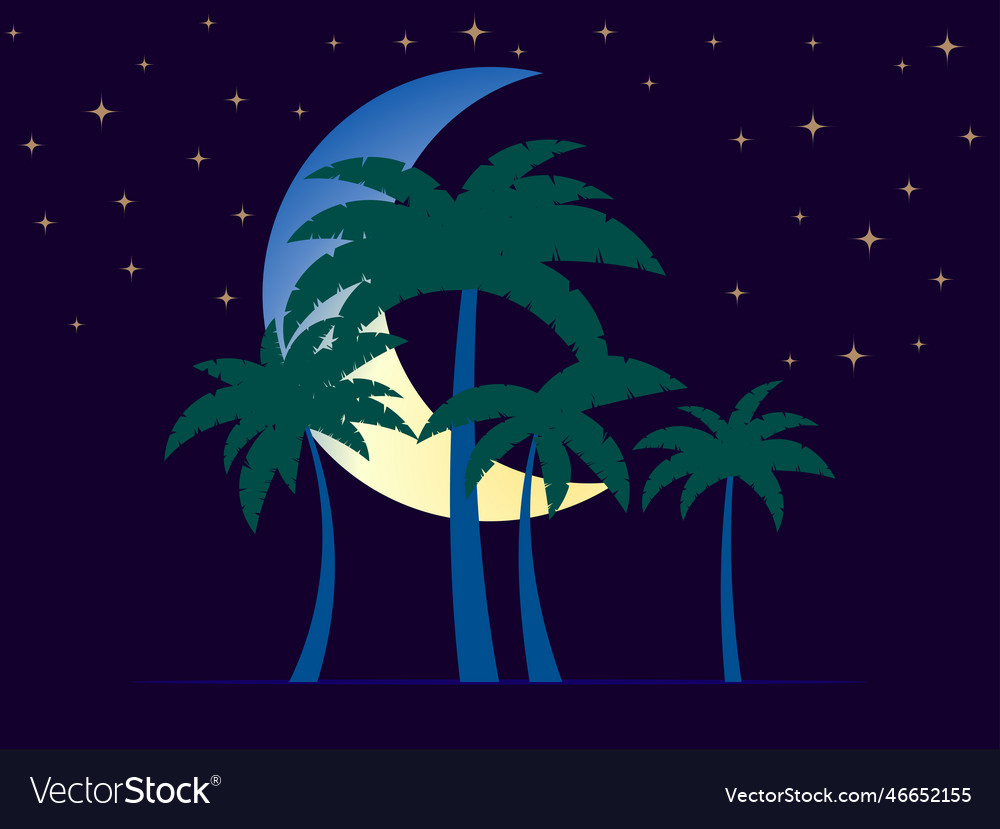 Night landscape with palm trees and crescent moon Vector Image