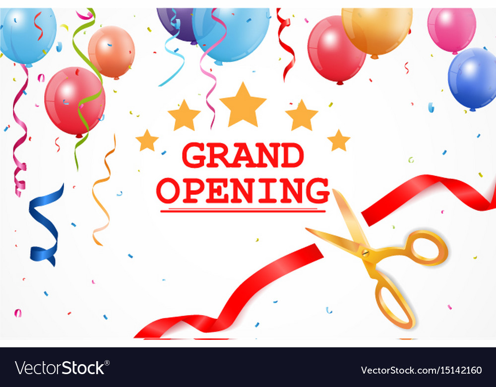 Grand opening banner with confetti and cutting rib