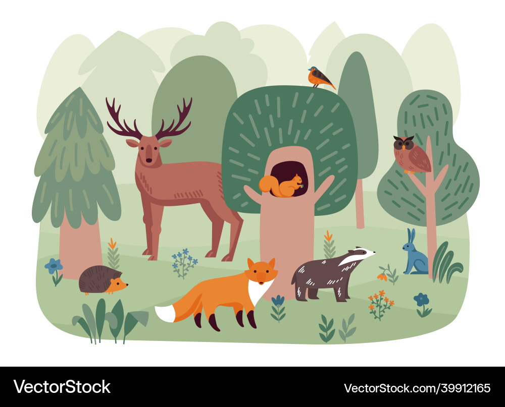 Animals in forest composition Royalty Free Vector Image