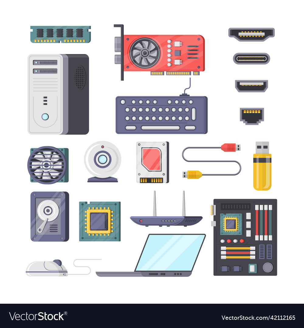 Collection computer hardware elements isometric Vector Image