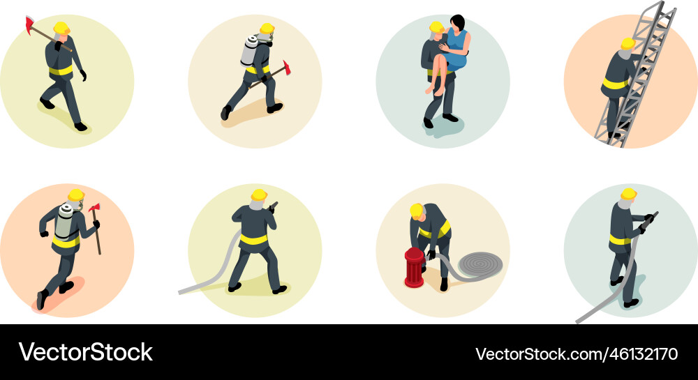 Isometric firefighter composition set Royalty Free Vector