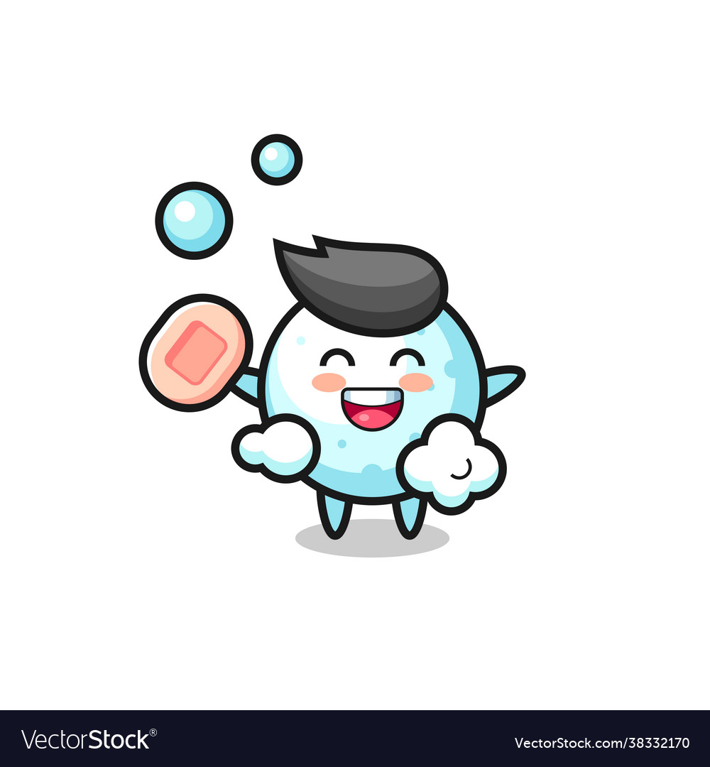 Snow ball character is bathing while holding soap Vector Image