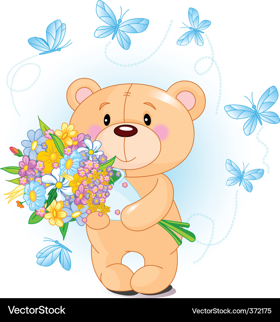 Blue teddy bear with flowers Royalty Free Vector Image