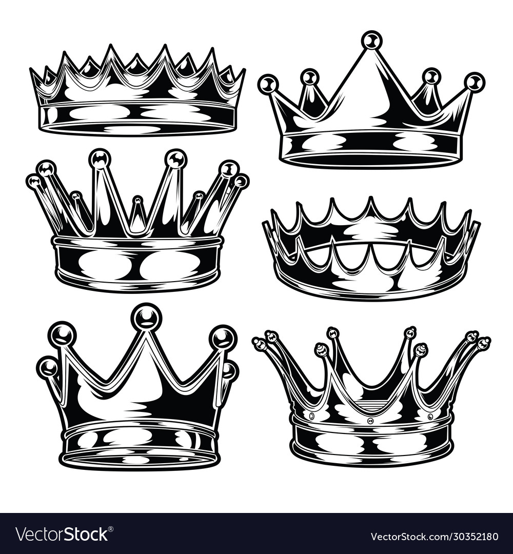 Crown king and queen set black white Royalty Free Vector