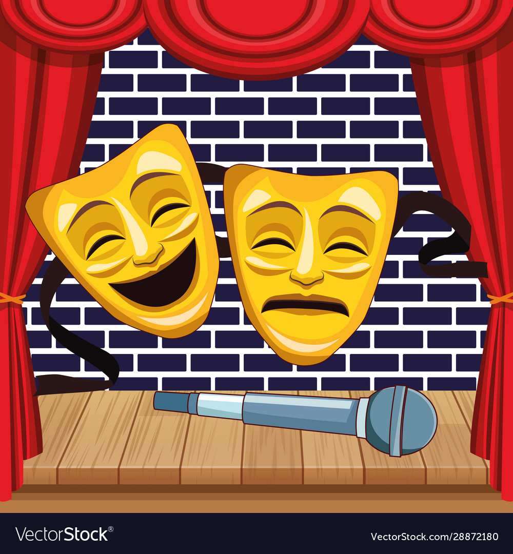 Theatrical masks microphone in wooden floor stage Vector Image