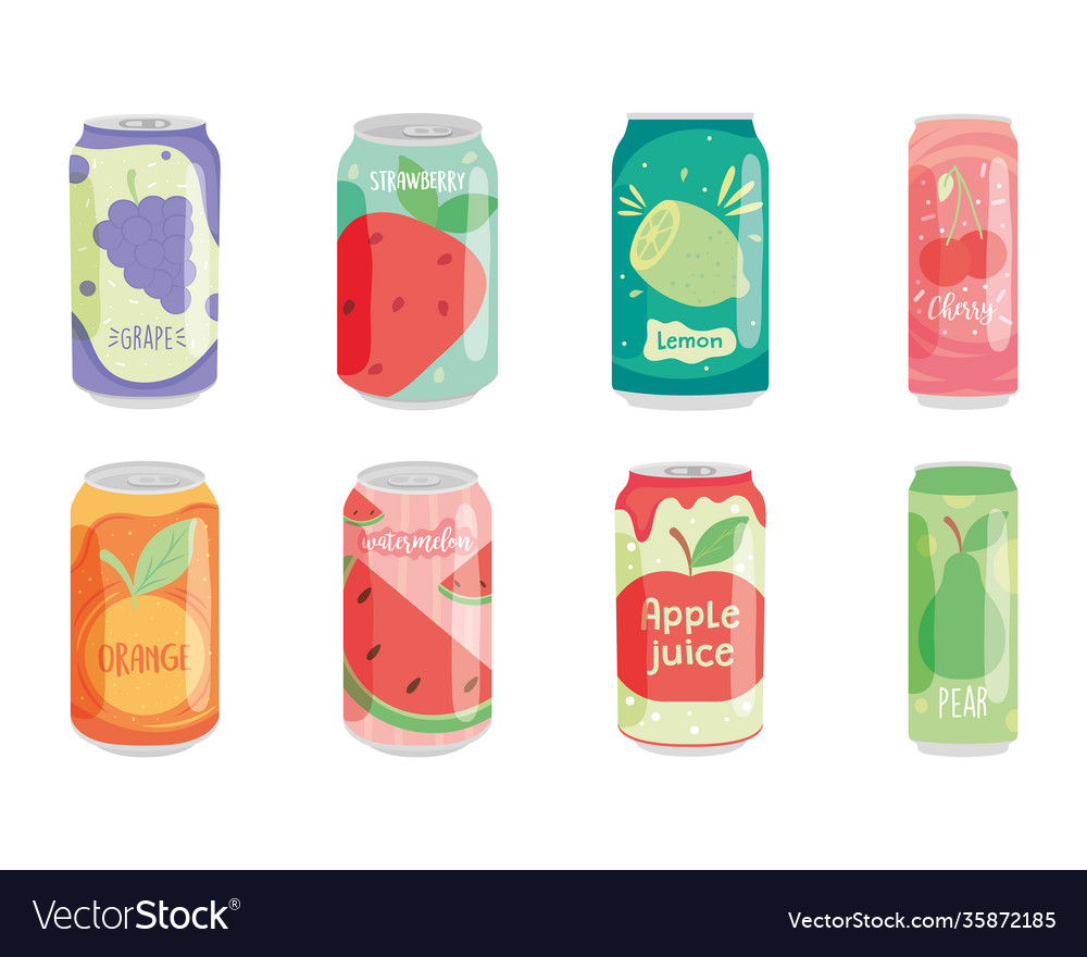 Soda cans fruit flavors icon set colorful Vector Image