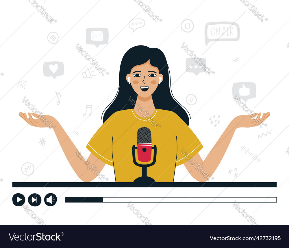 A girl in earphones talking into microphone Vector Image