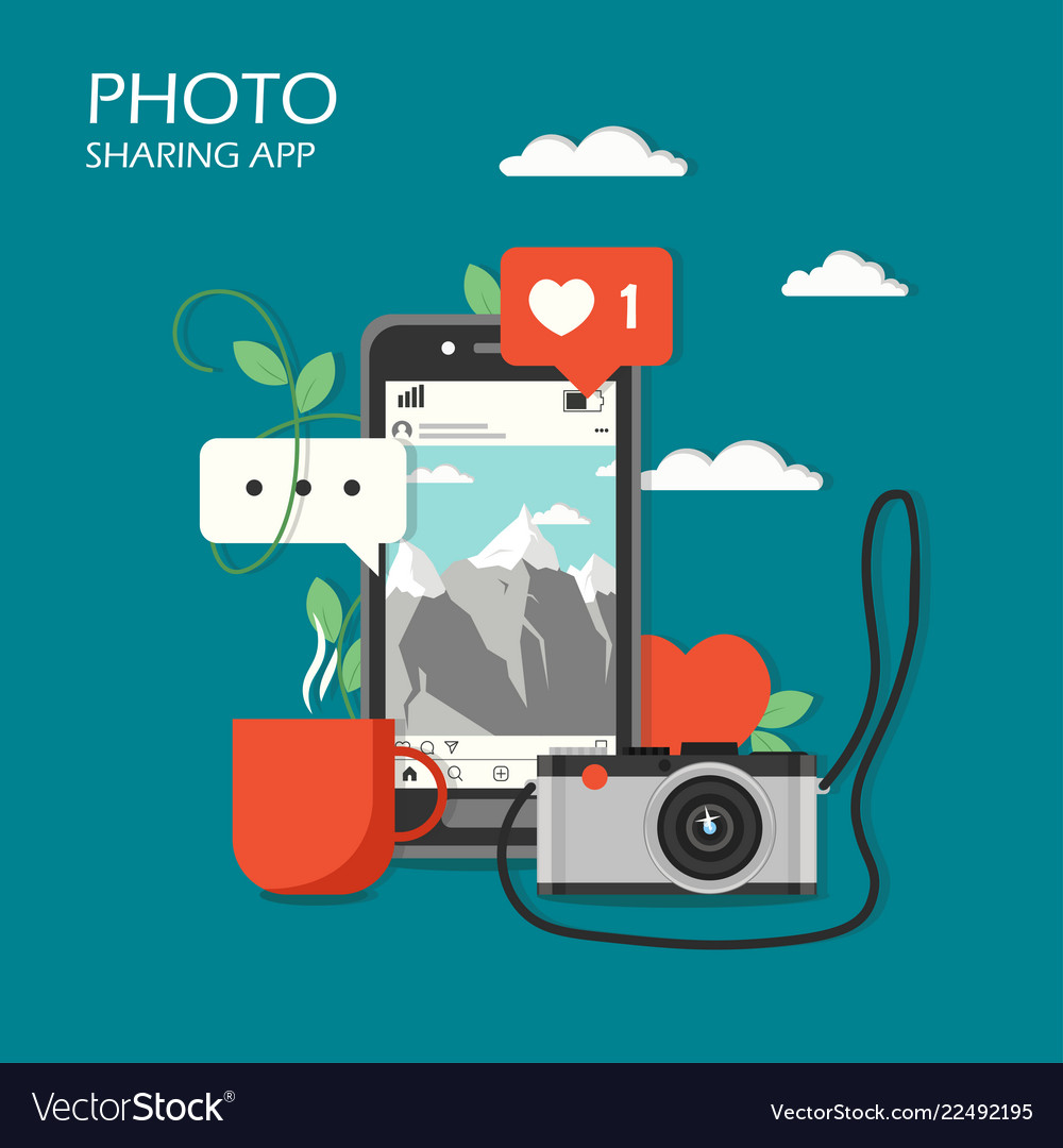 Social photo sharing app flat vector image Social photo sharing app flat
