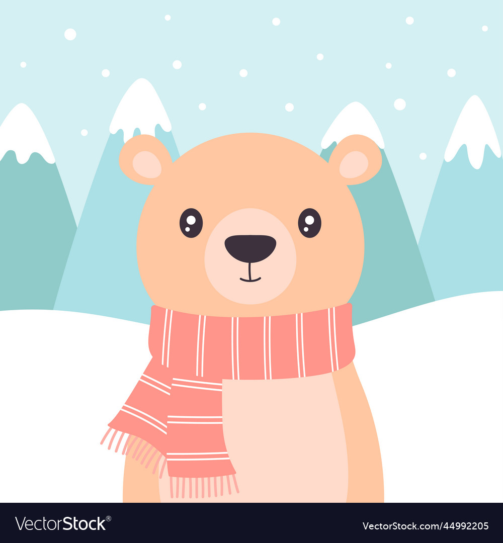 Cartoon winter card of cute bear on mountains Vector Image