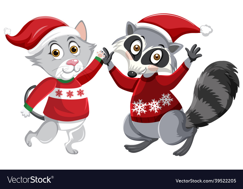 Cute Raccoon And Cat Wearing Christmas Hat Vector Image