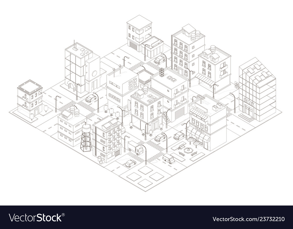 Town street intersection road buildings isometric Vector Image